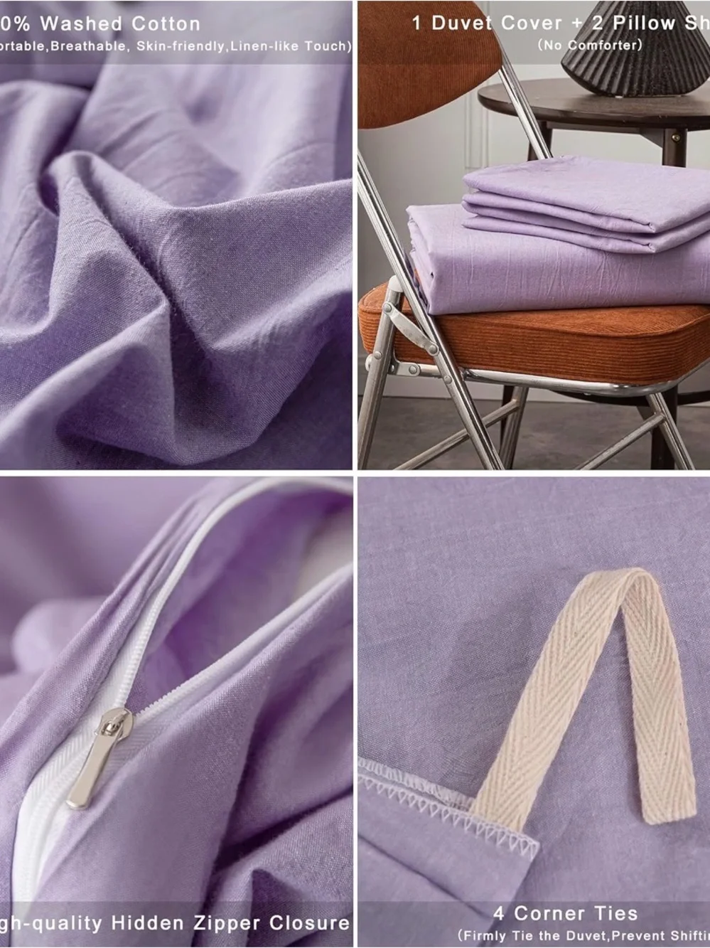 Queen Duvet Cover Set, 100% Cotton - Lavender Purple